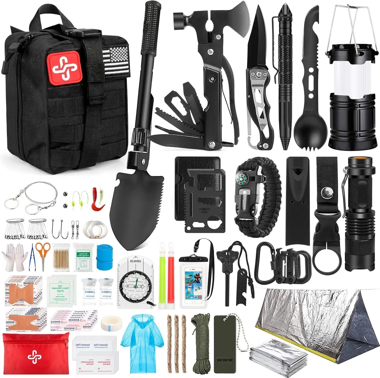 250Pcs Emergency Survival Kit with First Aid, Molle Bag & Tent for Outdoor Adventure, Hiking, Hunting Trekker Essentials