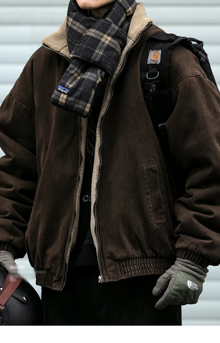 Vintage Polar Fleece Jacket Men's Winter Thick Loose Fit Streetwear Warm Coat