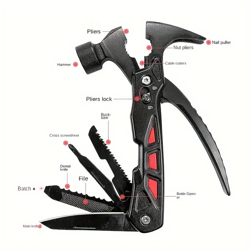 1 navaja multifunción para exteriores con forma de martillo de garra: herramienta de supervivencia de acero inoxidable con alicates, martillo de camping, sacaclavos y herramienta de rescate de emergencia.