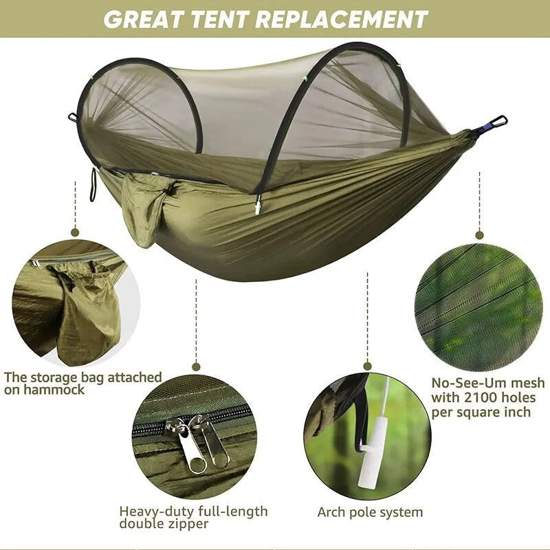 WESTTUNE 3 in 1 Camping Hammock with Mosquito Mesh Automatic Quick Opening Nylon Hammock Anti-Mosquito Hammock for Outdoor Trekker Essentials