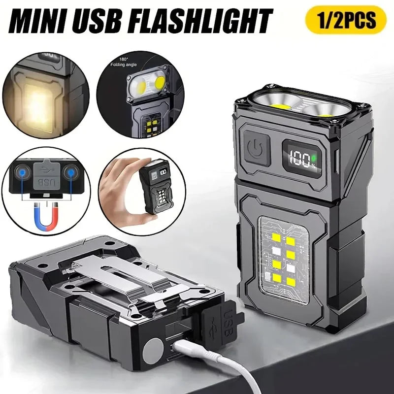 Portable LED COB Flashlight Rechargable Lantern Portable Side COB Torch with Hat Clip Torch for Outdoor Camping Emergency Lamp Trekker Essentials
