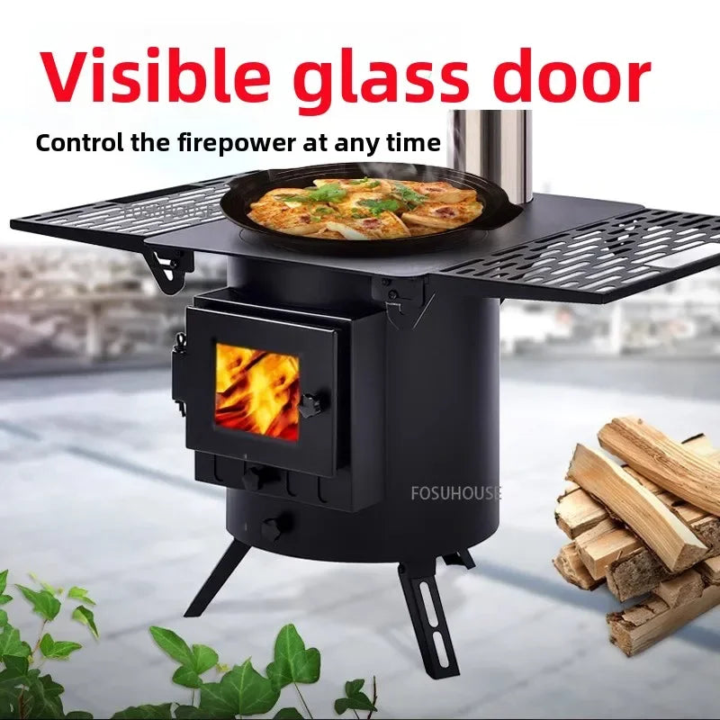Mobile Wood Burning Heater Stove for Indoor & Outdoor Use - Portable Heating with Cooking Top
