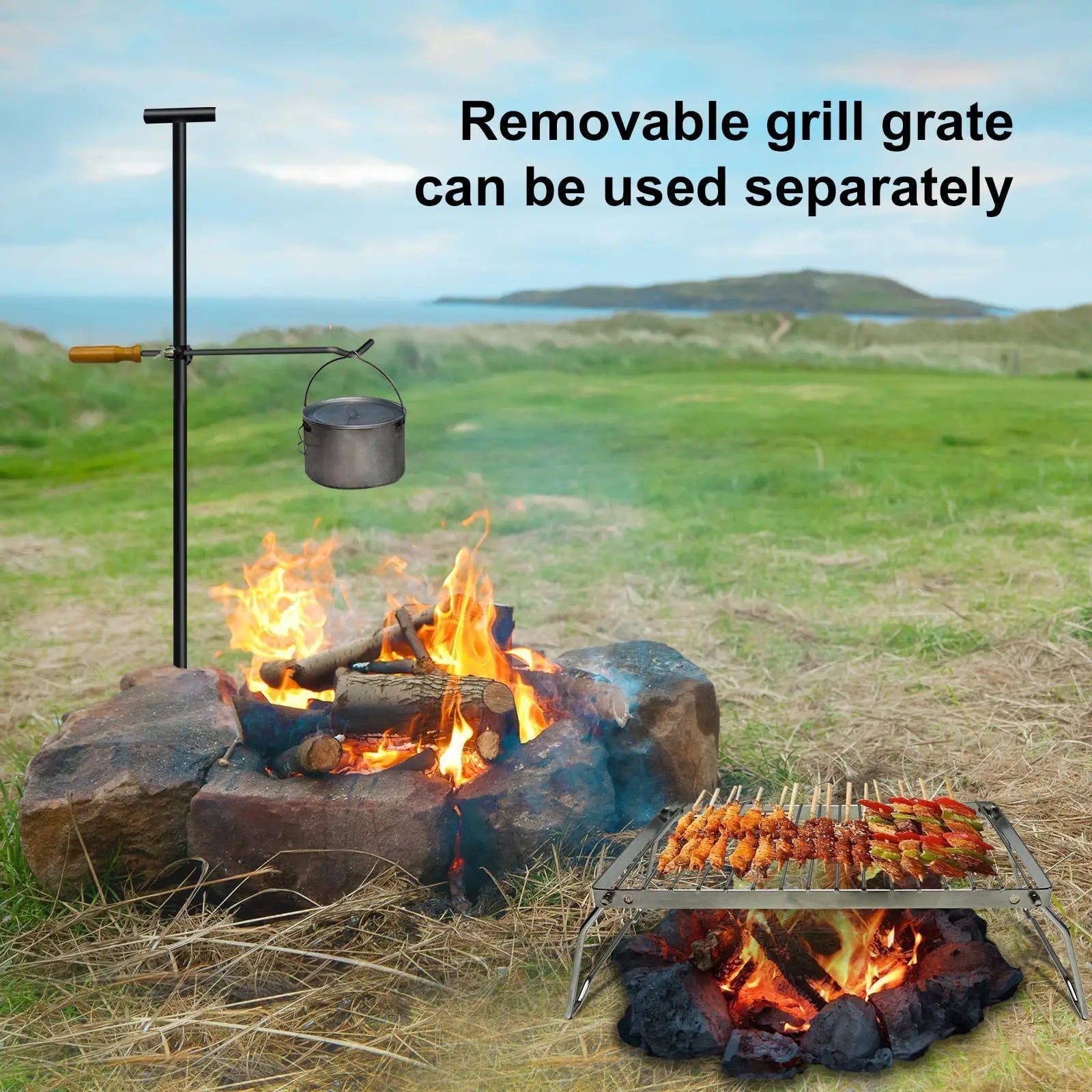 Ground-insertion camping bonfire stand, folding stainless steel grill, multi-functional firewood stand for the courtyard Trekker Essentials
