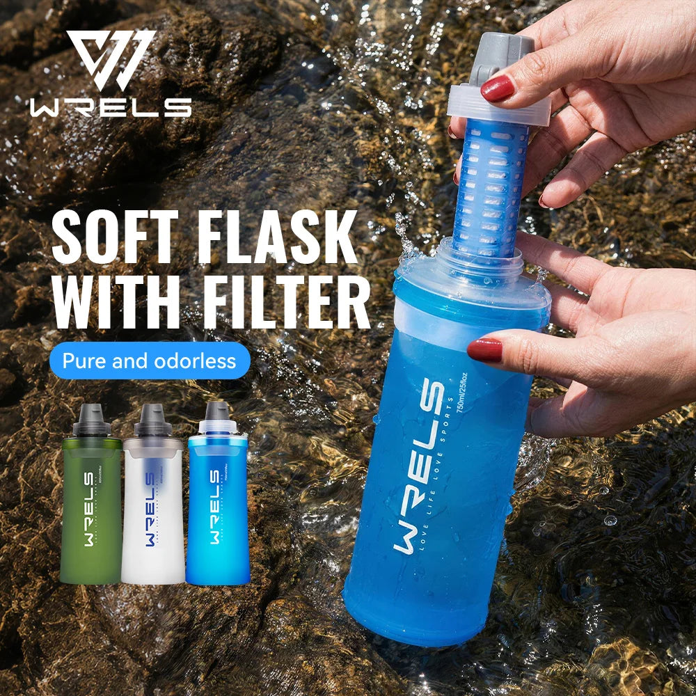 WRELS Soft Water Bottle with Filter Ultralight Collapsible Water Filter Bottle Hydrapak Soft Flask for Hiking Camping Backpack Trekker Essentials