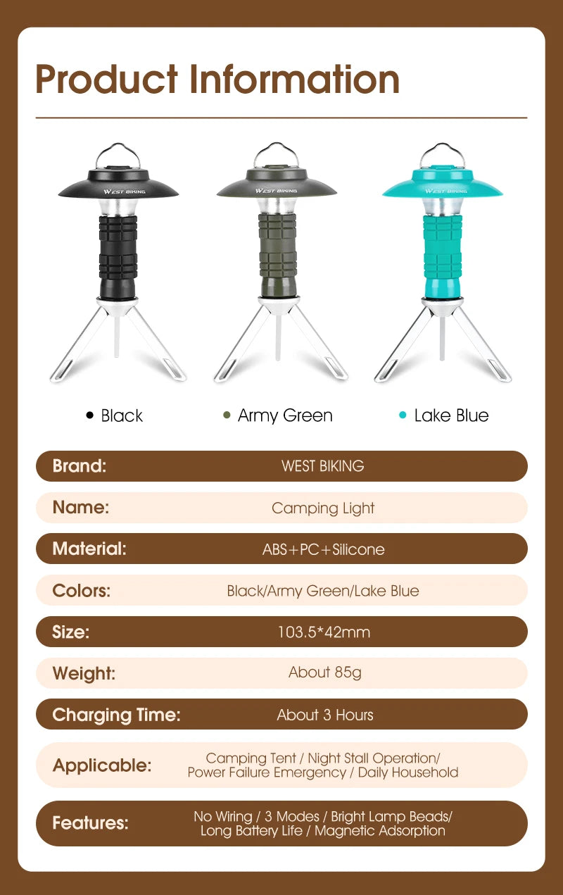 USB-C Rechargeable Camping Light - Magnetic Base LED Lantern with Tripod
