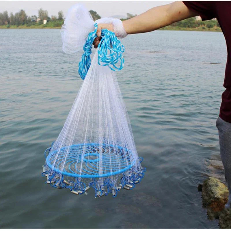 Lawaia Hand Cast Net Aluminum or Blue Plastic Ring Folding Network Steel Pendant Monofilament Nylon Fishing Line Fishnet Trekker Essentials