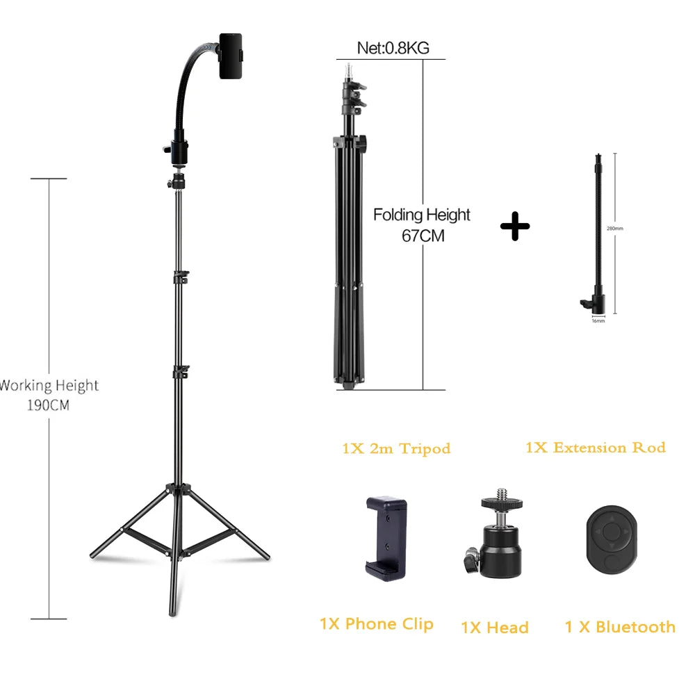 Flexible Phone Tripod Stand with Ring Light & Bluetooth Remote - 200cm