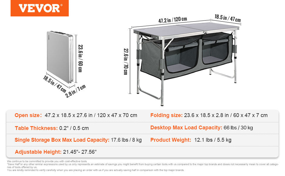 Adjustable Height Camping Kitchen Table – Portable Folding Table with Carry Bag for Outdoor Cooking