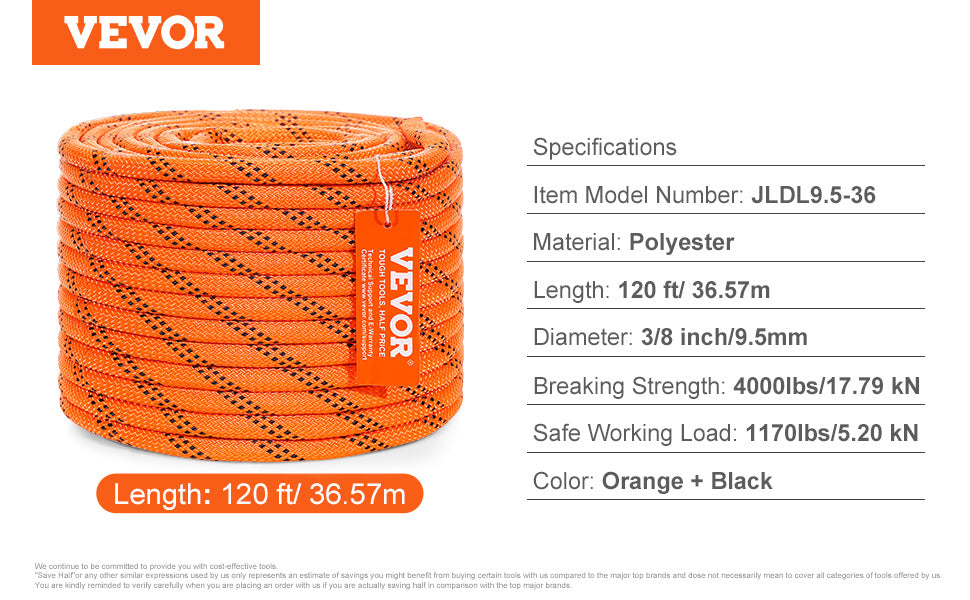 SucceBuy 120ft Dual-Weave Polyester Cord 3/8 1/2in 48-Strand Multi-Use Rope for Arborist Activities Outdoor Adventures Versatile Trekker Essentials