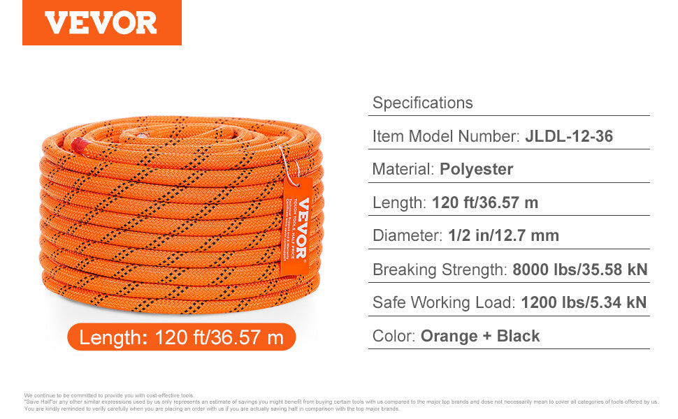 SucceBuy 120ft Dual-Weave Polyester Cord 3/8 1/2in 48-Strand Multi-Use Rope for Arborist Activities Outdoor Adventures Versatile Trekker Essentials
