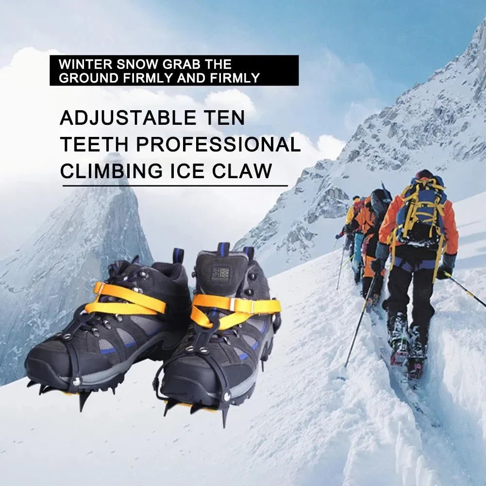 1 Pair Heavy-Duty Ice Crampons – 10-Tooth Stainless Steel Snow Grips with Adjustable Nylon Straps & Carry Bag for Hiking, Climbing, Fishing - Trekker Essentials