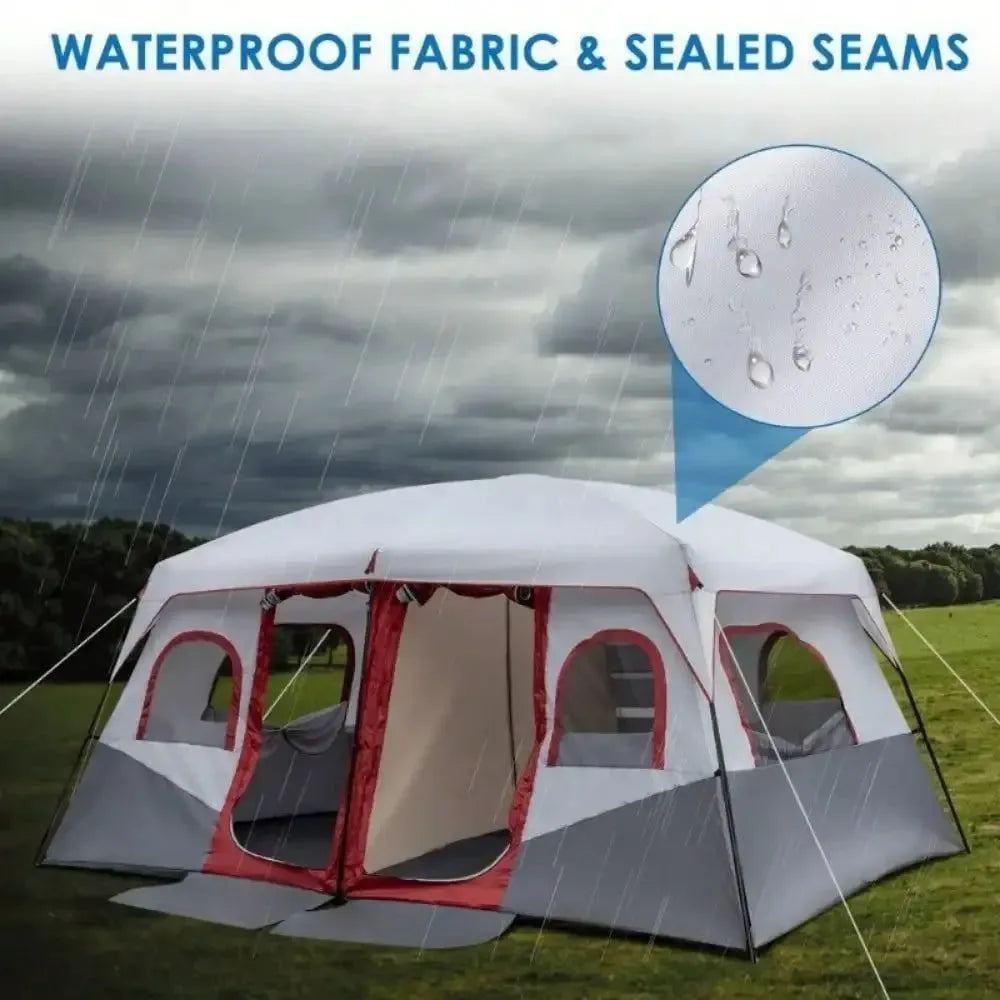 10-Person Family Camping Tent - 2-Room Waterproof Cabin Tent with Steel Frame for Outdoor Adventures - Trekker Essentials