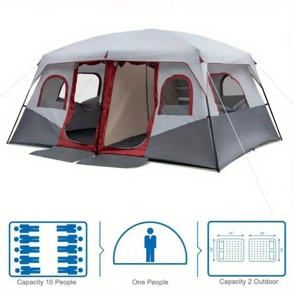 10-Person Family Camping Tent - 2-Room Waterproof Cabin Tent with Steel Frame for Outdoor Adventures - Trekker Essentials