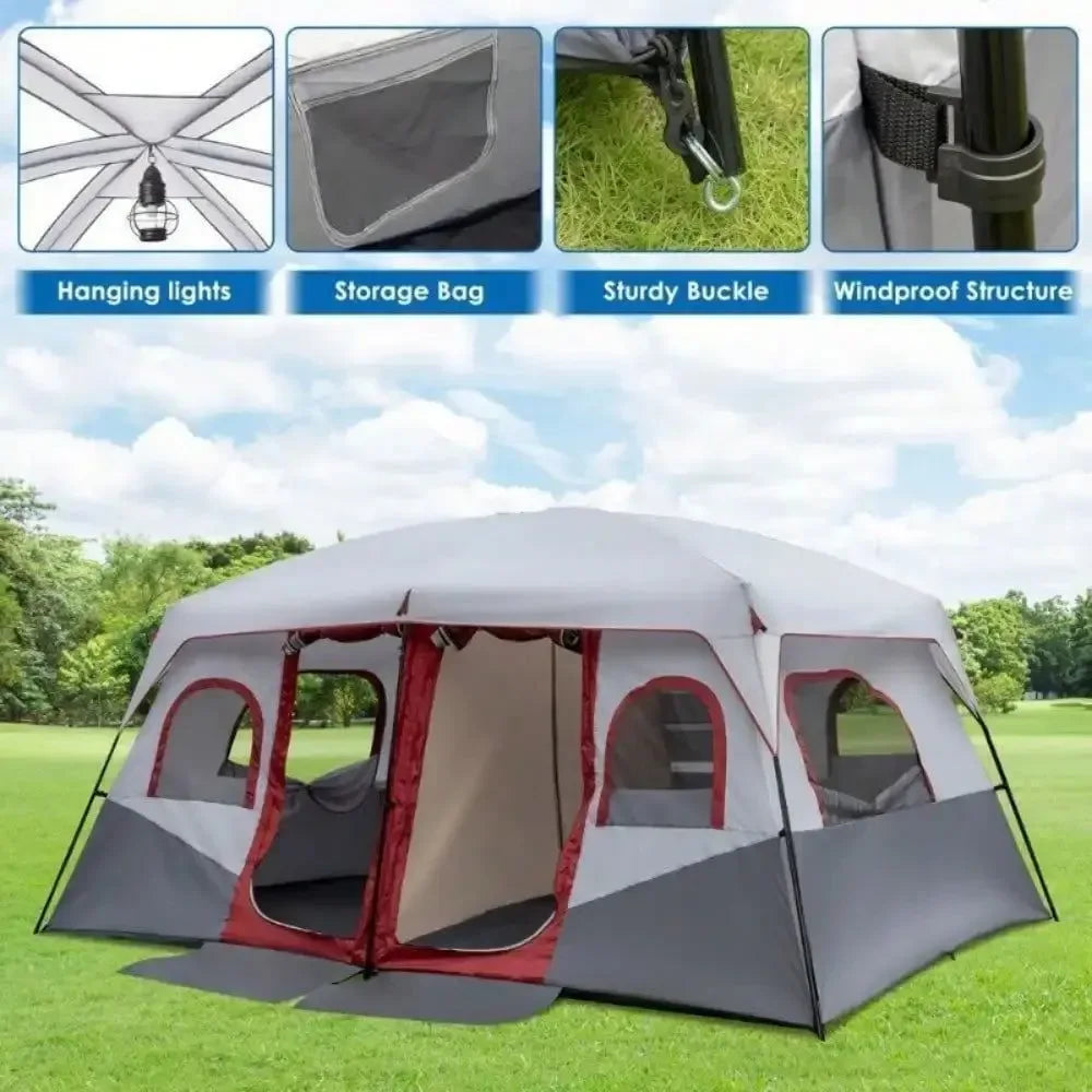 10-Person Family Camping Tent - 2-Room Waterproof Cabin Tent with Steel Frame for Outdoor Adventures - Trekker Essentials