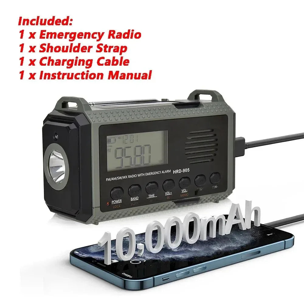 10000mAh Multifunction Solar Hand Crank Radio - USB Charging FM/AM/NOAA WB Weather Radio with Emergency Flashlight, SOS Alarm, and Power Bank - Trekker Essentials