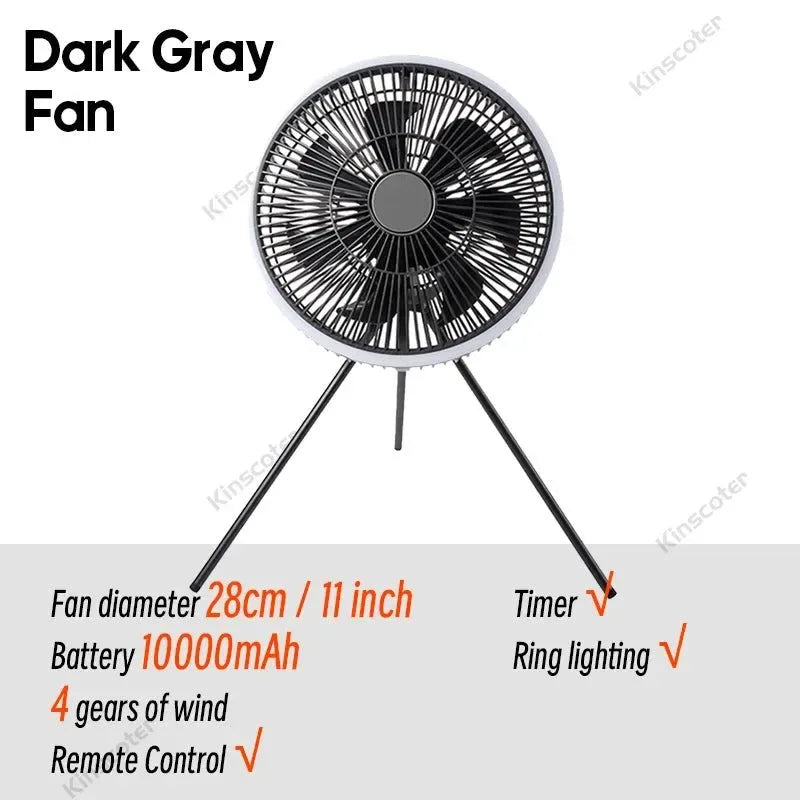 10000mAh Outdoor Camping Fan with LED Lighting, 11-inch Large Ceiling Fan and Air Circulator - Trekker Essentials