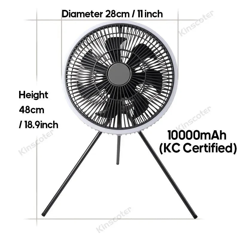 10000mAh Outdoor Camping Fan with LED Lighting, 11-inch Large Ceiling Fan and Air Circulator - Trekker Essentials