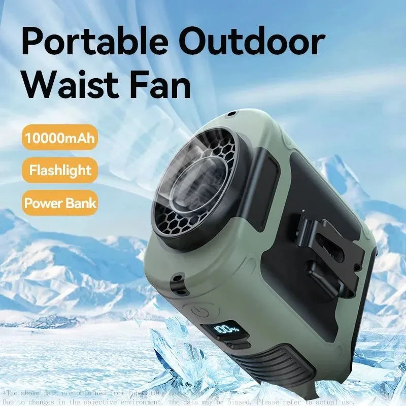 10000mAh Portable Outdoor Waist Fan – Hanging Neck & Strong Wind with Power Bank & LED Lighting - Trekker Essentials