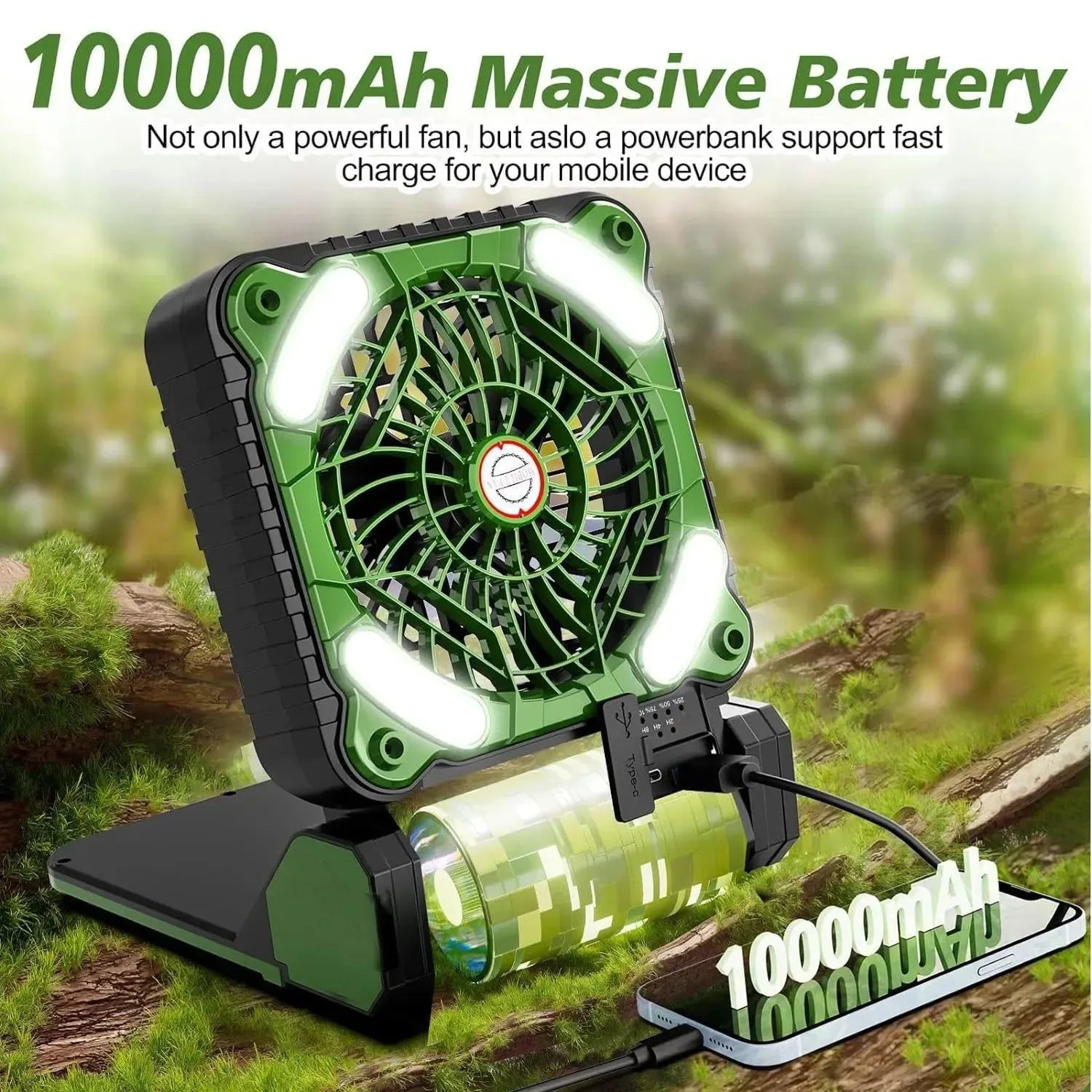 10000mAh Solar Powered Portable Camping LED Lantern With Fan - 4 Speeds Powerful Wind, Rechargeable Battery Operated, 90° Folding - Trekker Essentials