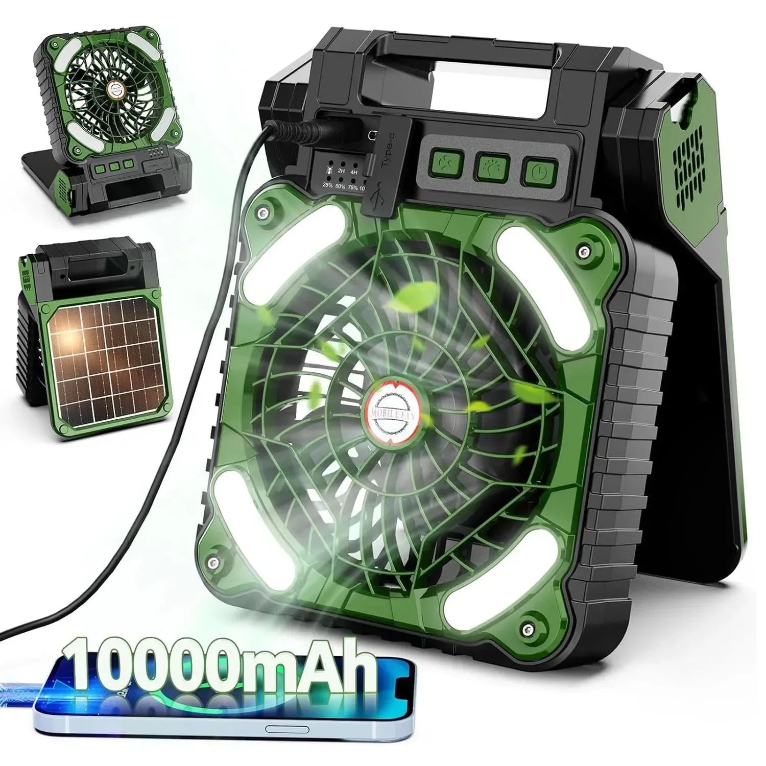 10000mAh Solar Powered Portable Camping LED Lantern With Fan - 4 Speeds Powerful Wind, Rechargeable Battery Operated, 90° Folding - Trekker Essentials