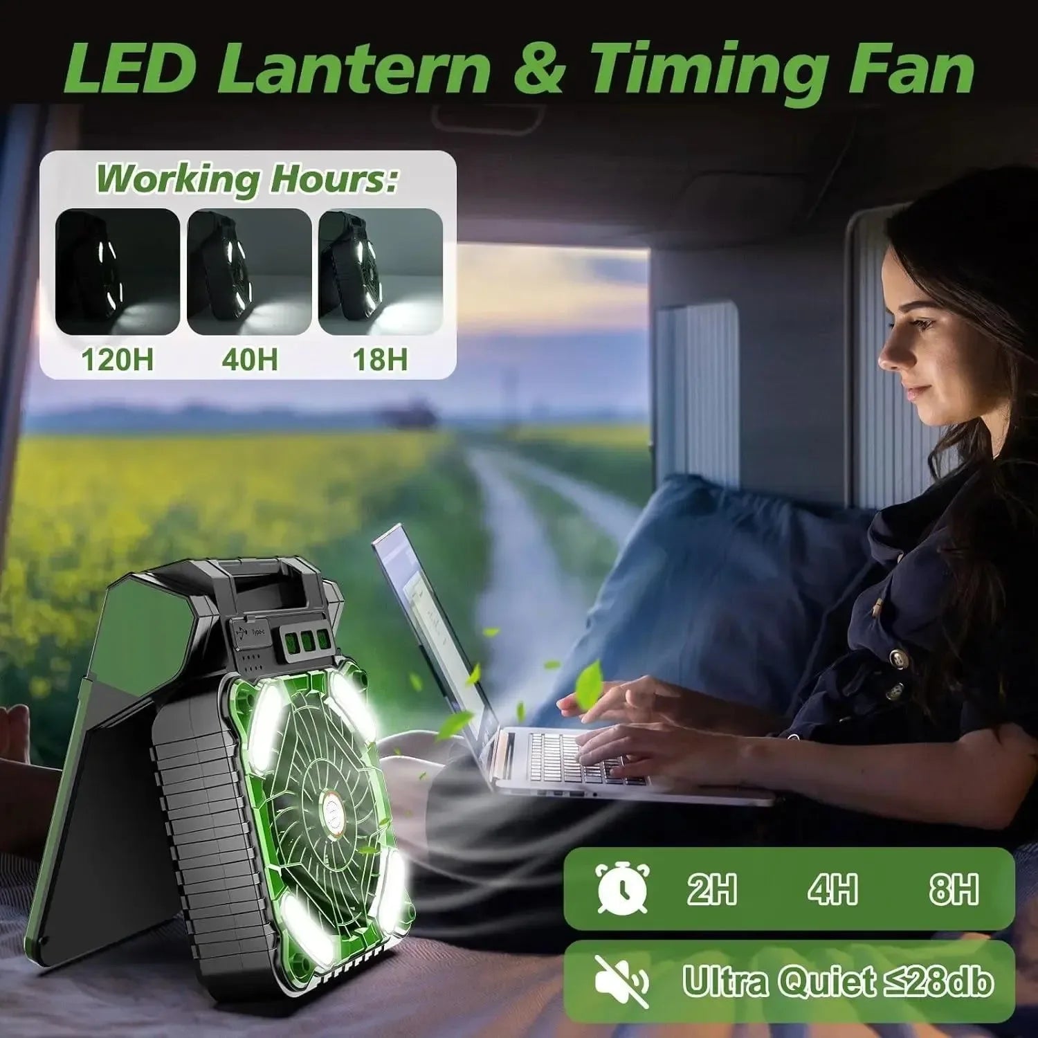 10000mAh Solar Powered Portable Camping LED Lantern With Fan - 4 Speeds Powerful Wind, Rechargeable Battery Operated, 90° Folding - Trekker Essentials