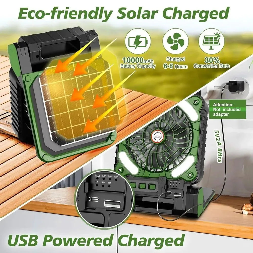 10000mAh Solar Powered Portable Camping LED Lantern With Fan - 4 Speeds Powerful Wind, Rechargeable Battery Operated, 90° Folding - Trekker Essentials