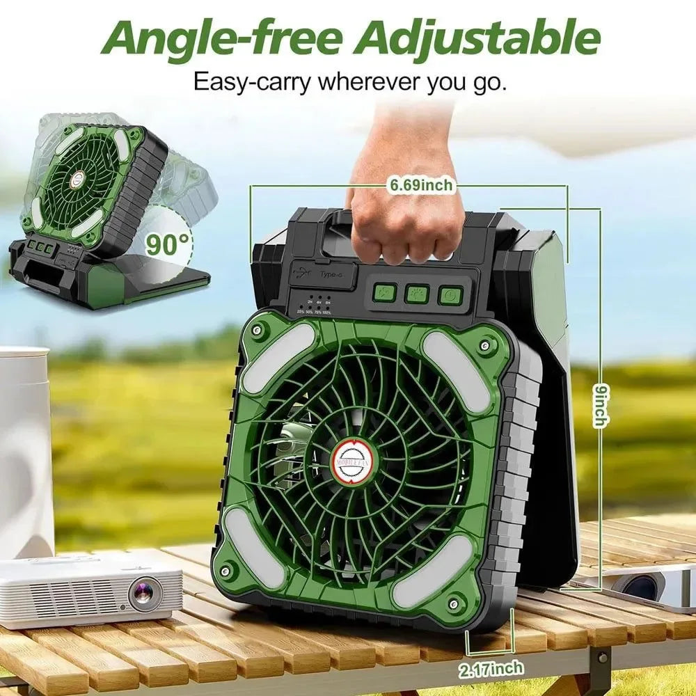 10000mAh Solar Powered Portable Camping LED Lantern With Fan - 4 Speeds Powerful Wind, Rechargeable Battery Operated, 90° Folding - Trekker Essentials