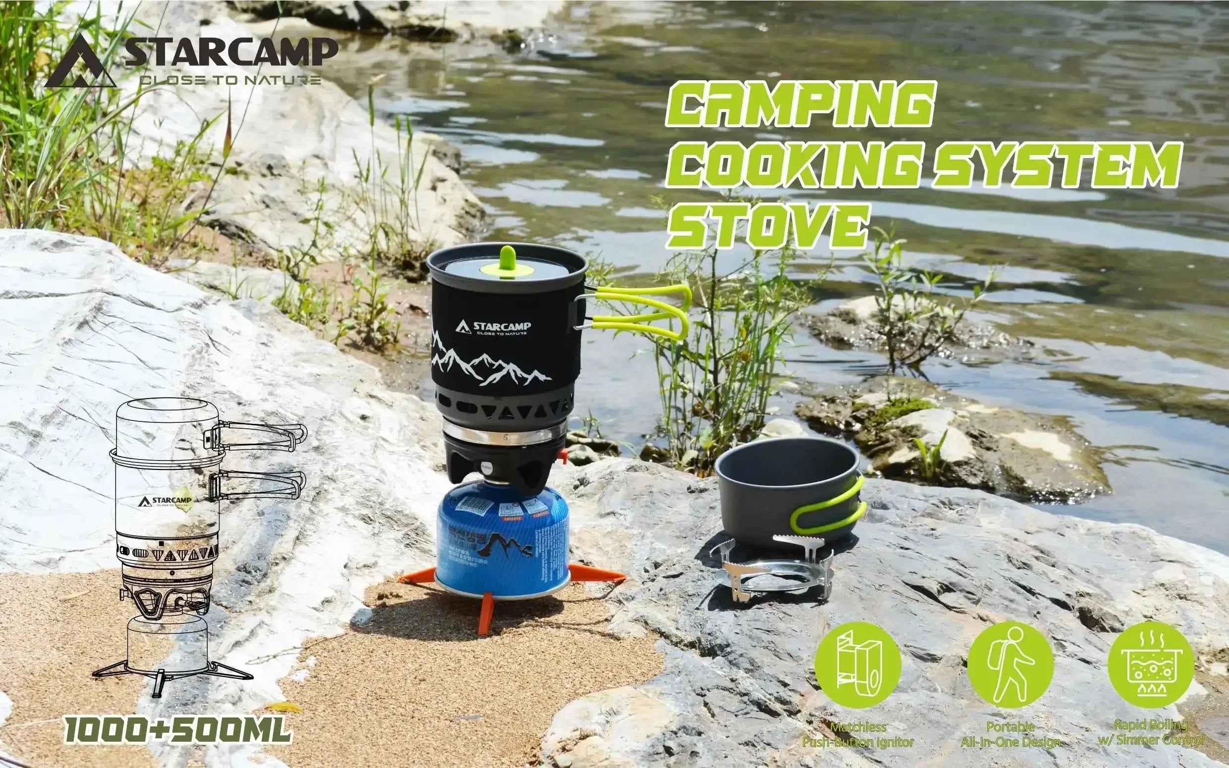 1000+500ml Dual-Pot Fast-Boil Camping Stove System with Ignition - Trekker Essentials