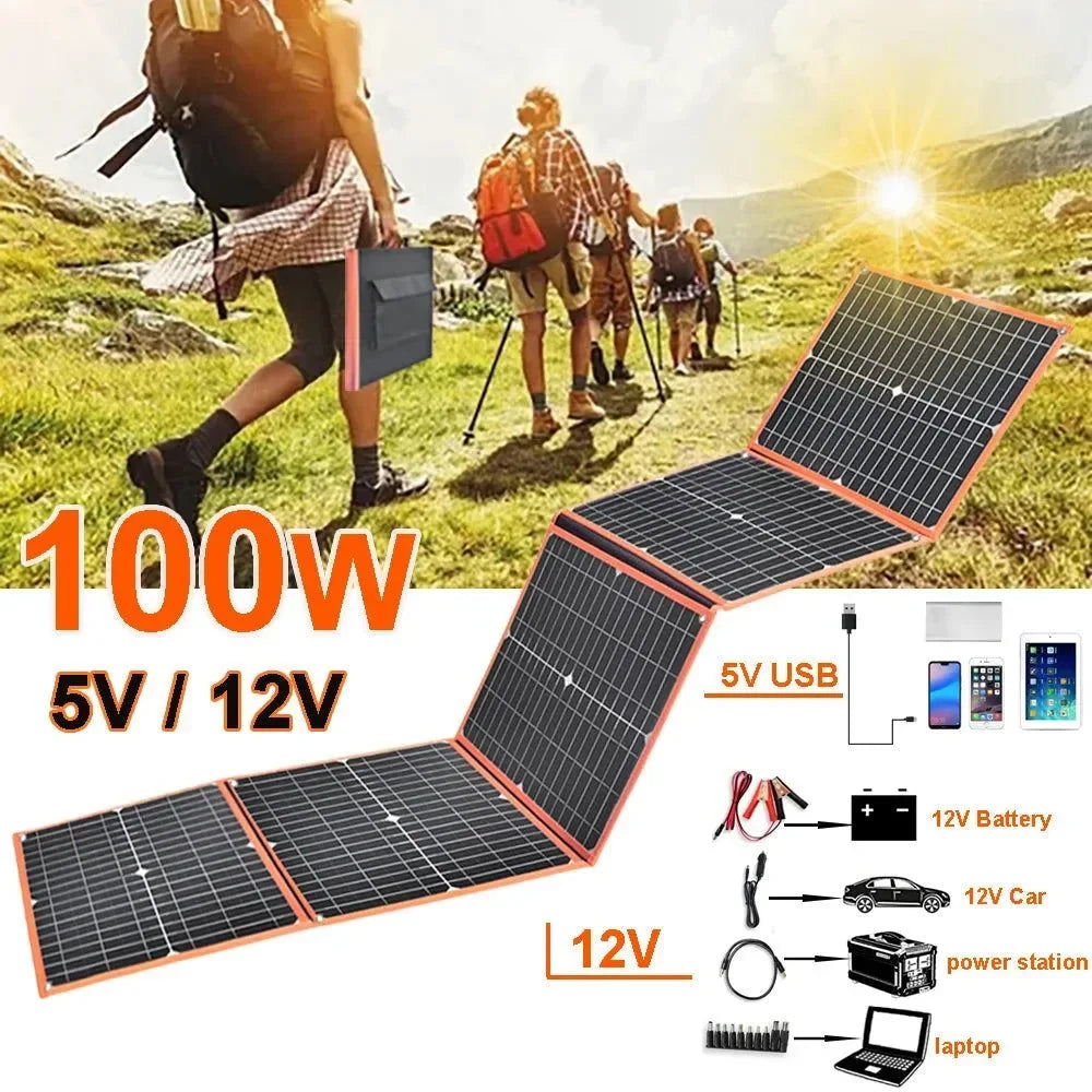 100W Foldable Solar Panel Portable Solar Charger for 12V Battery Power Station, USB Mobile Phone Power Bank, Laptop, Camper, Hiking - Trekker Essentials