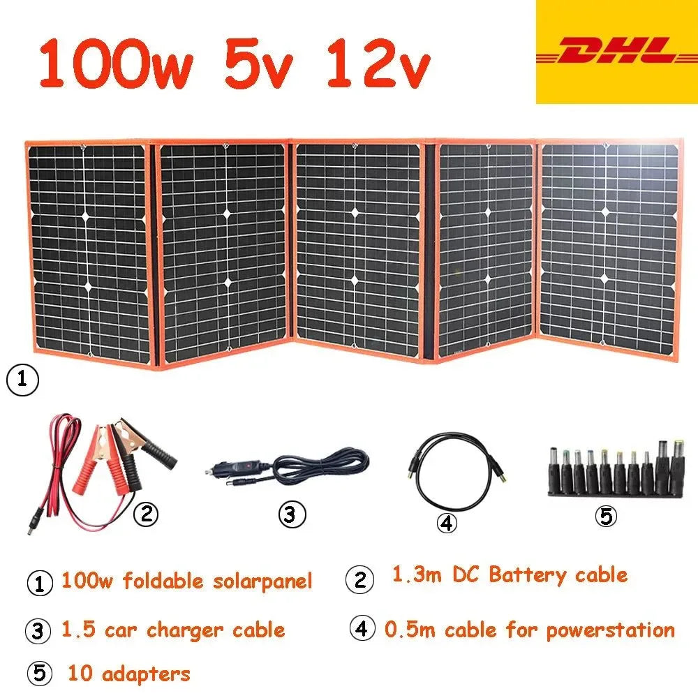 100W Foldable Solar Panel Portable Solar Charger for 12V Battery Power Station, USB Mobile Phone Power Bank, Laptop, Camper, Hiking - Trekker Essentials