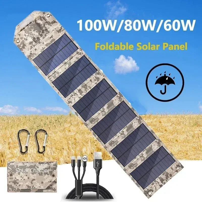 100W Foldable Solar Panel USB 5V Solar Charger - Portable Solar Cell for Outdoor Phone Power Bank, Camping, Hiking - Trekker Essentials