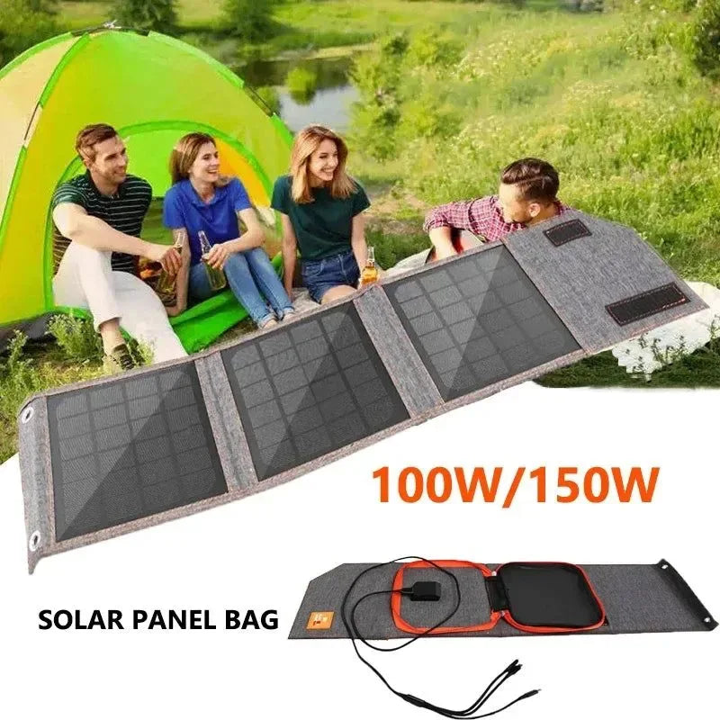 100W/150W Folding Solar Panel USB 5V Solar Charger | Portable Solar Cell Outdoor Phone Power Bank for Camping and Hiking with Cable - Trekker Essentials