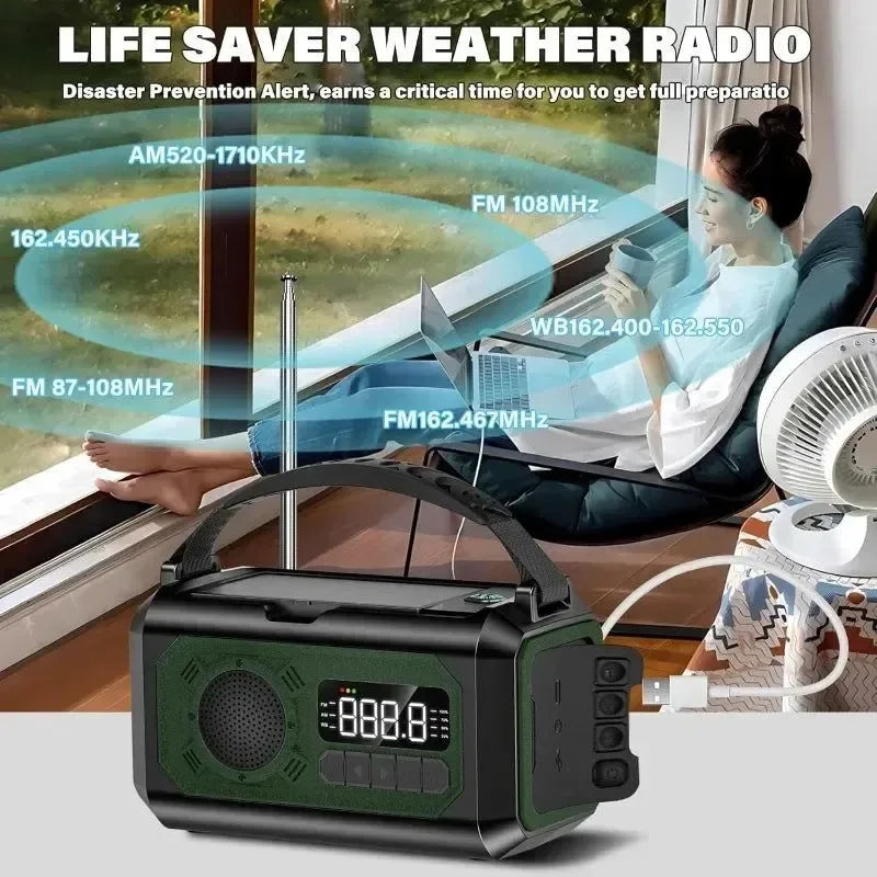 12000mAh Solar Emergency Radio – AM/FM Weather Alert, Hand Crank Power Bank, SOS Alarm & Reading Lamp for Camping, Hiking & Survival - Trekker Essentials