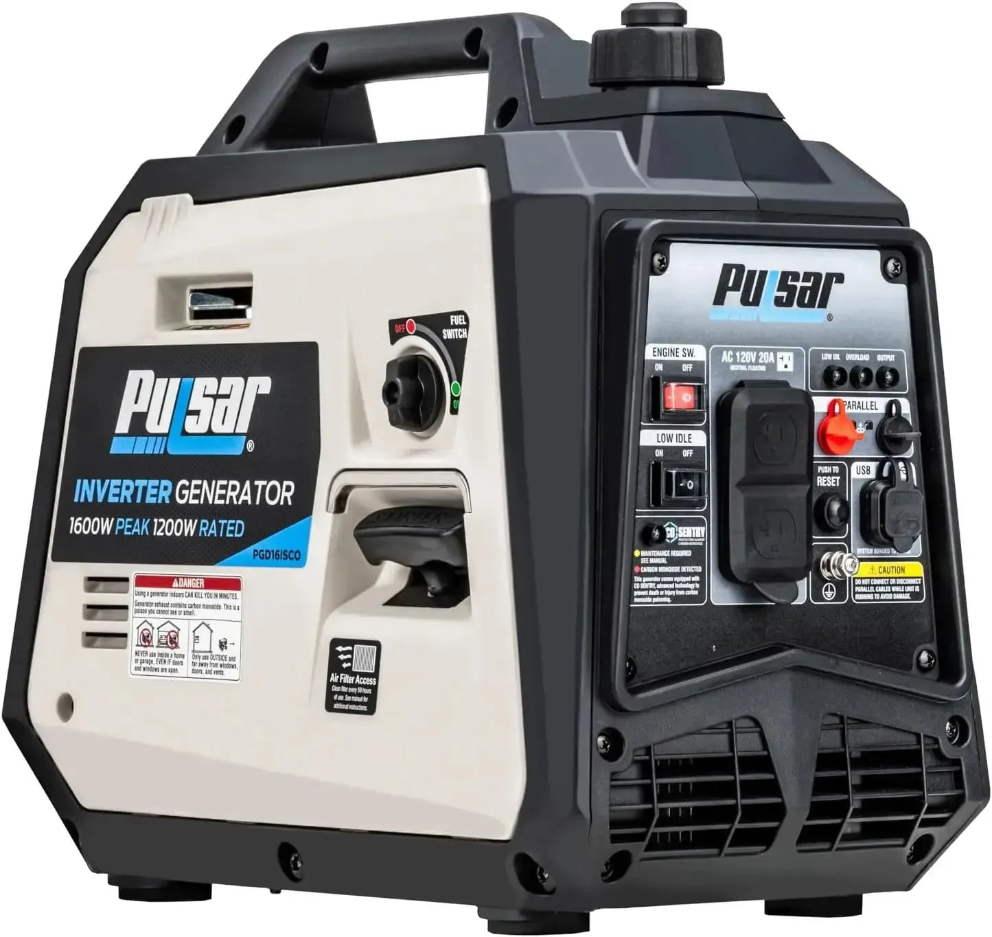 120V Outlets & USB Ports-Pulsar 1600W Ultra-Light Quiet Portable Gas Inverter Generator- CARB Compliant, 6.5-Hour Runtime, - Trekker Essentials