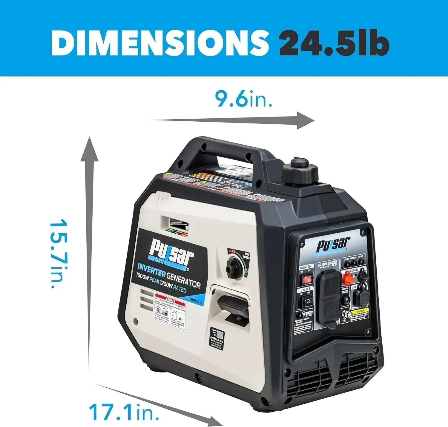 120V Outlets & USB Ports-Pulsar 1600W Ultra-Light Quiet Portable Gas Inverter Generator- CARB Compliant, 6.5-Hour Runtime, - Trekker Essentials