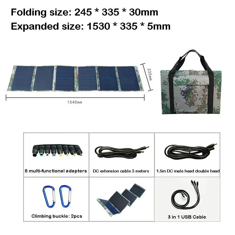 120W 18V Foldable Solar Panel Bag with USB and DC Outputs - Portable Charger for Outdoor Travel, Hiking, and Camping - Trekker Essentials