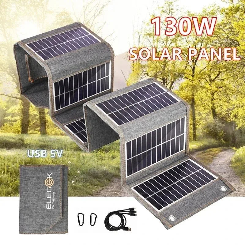 130W/80W Folding Solar Panel USB 5V Solar Charger | Portable Solar Cell Outdoor Power Bank for Camping and Hiking + 3 in 1 Cable - Trekker Essentials