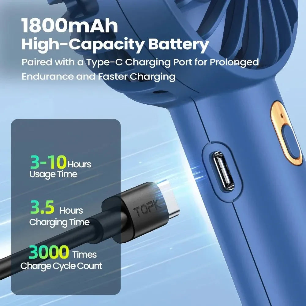 1800mAh Rechargeable Mini Portable Fan - USB Personal Handheld Electric Fan with 3 Speeds for Room, Camping, and Indoor Use - Trekker Essentials