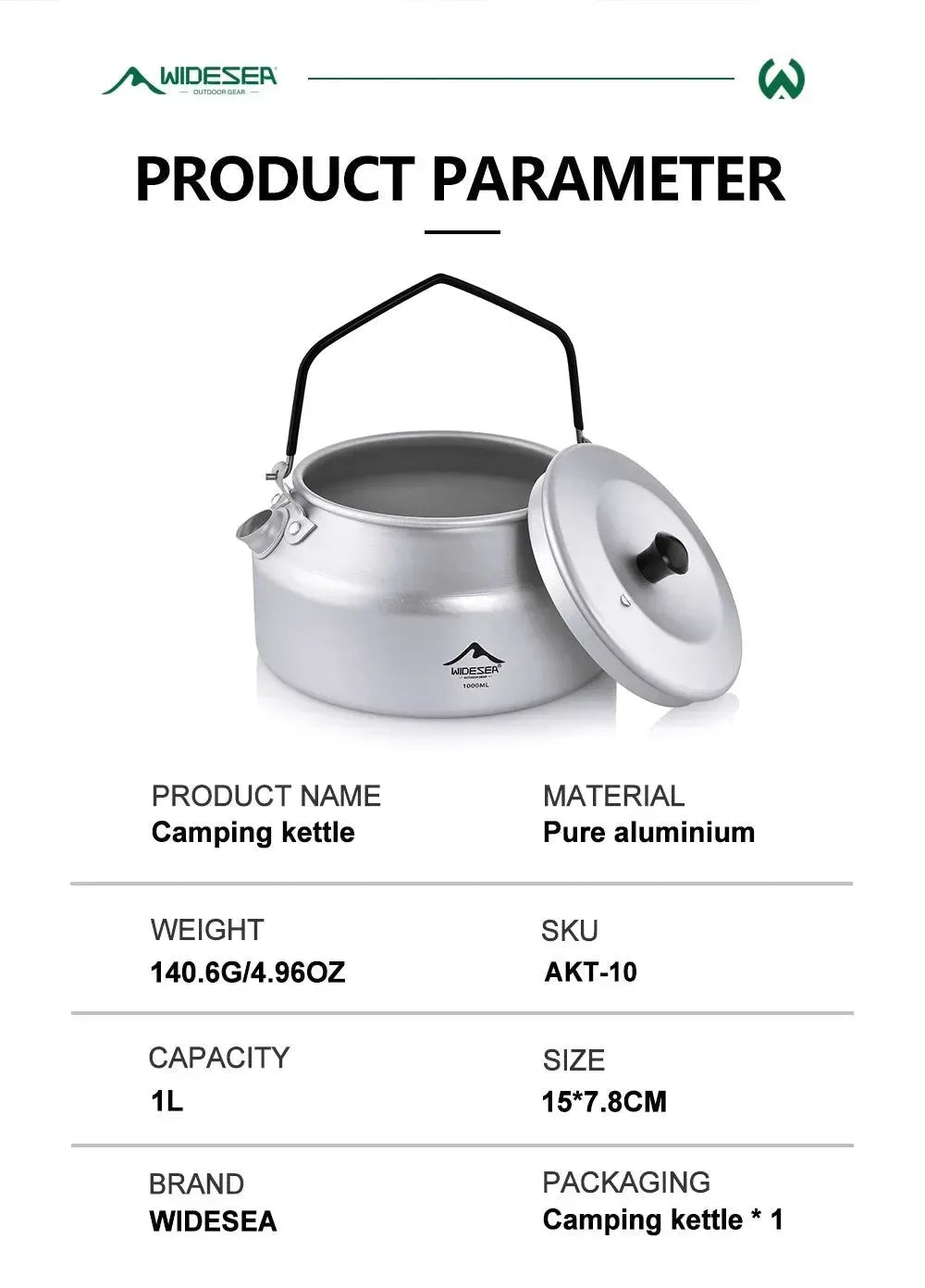 1L Pure Aluminum Camping Kettle with Short-Hole Removal Handle, Lightweight Portable Travel Cookware - Trekker Essentials