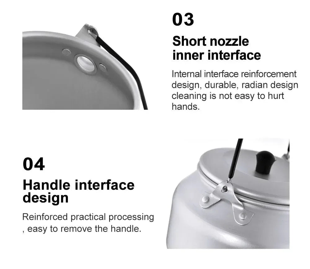 1L Pure Aluminum Camping Kettle with Short-Hole Removal Handle, Lightweight Portable Travel Cookware - Trekker Essentials