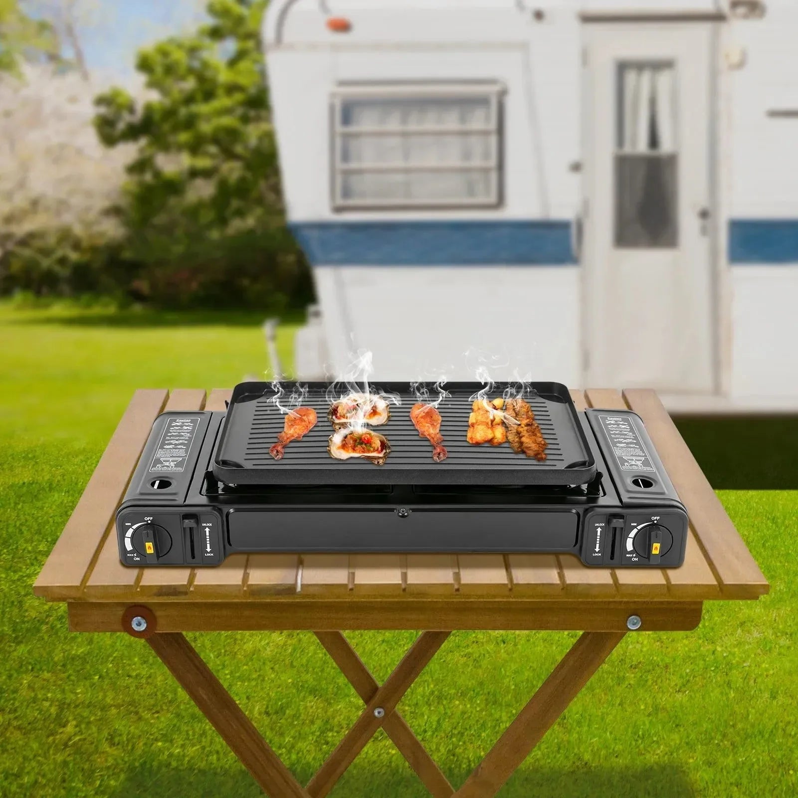 2-Burner Portable Camping Stove with Grill - Piezo Ignition Butane Stove for Outdoor Cooking - Trekker Essentials