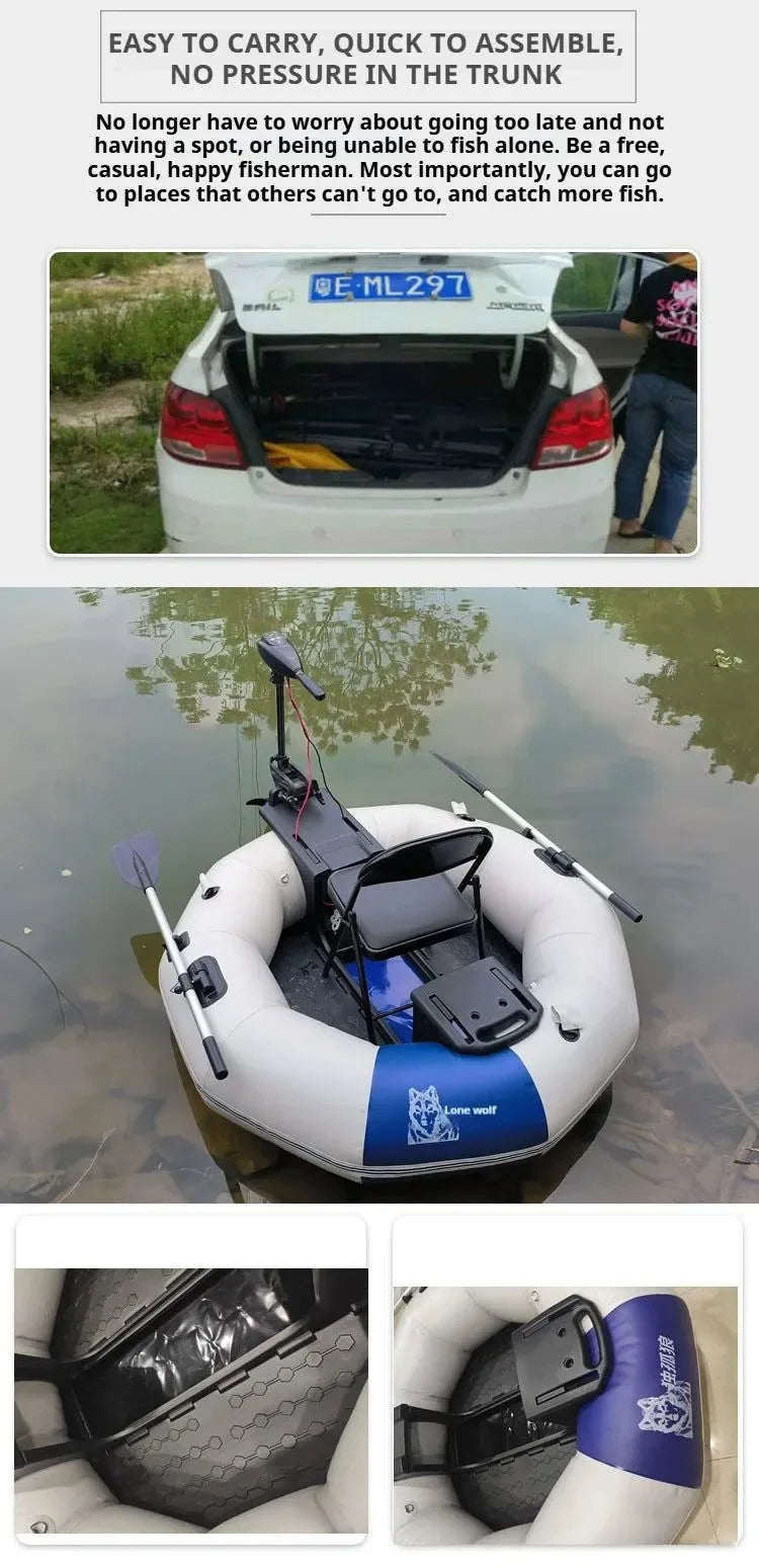 2-Minute Foldable Inflatable Fishing Boat with Electric Motor Port, 250kg Capacity Solo Pontoon Raft - Trekker Essentials