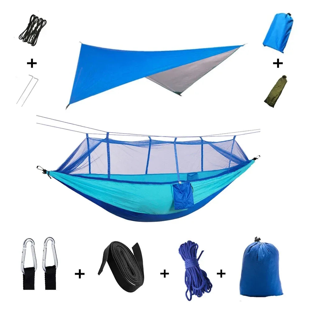 2-Person All-Weather Camping Hammock with Mosquito Net & Rain Fly - 440lb Capacity Portable Outdoor Shelter System (Camouflage) - Trekker Essentials
