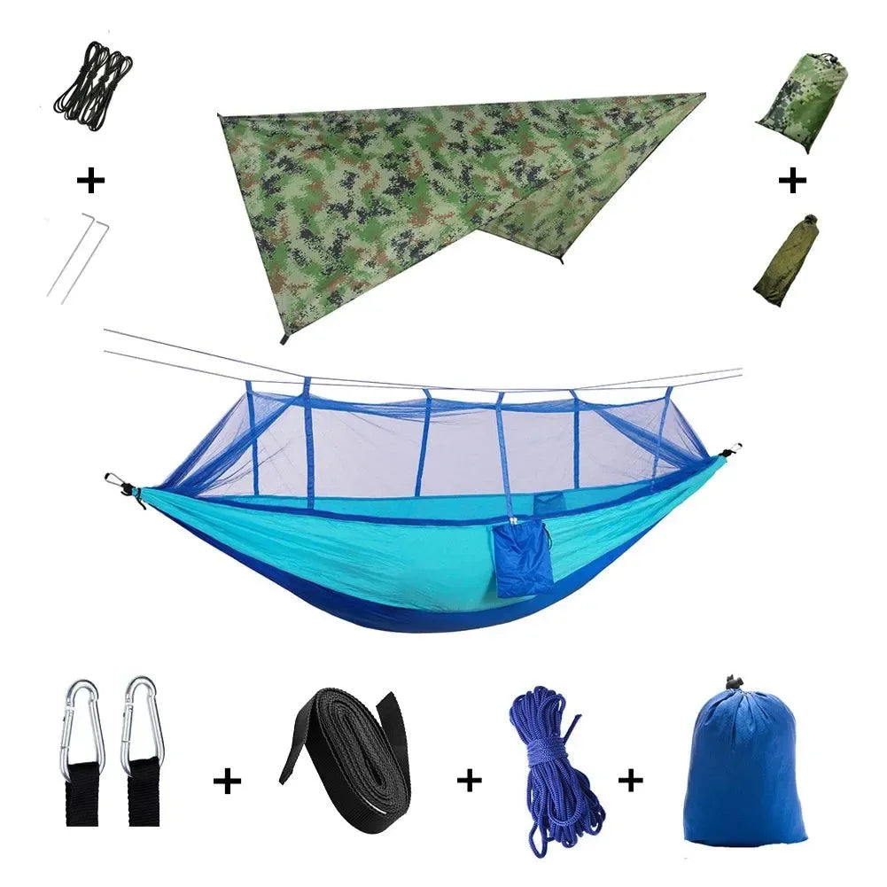 2-Person All-Weather Camping Hammock with Mosquito Net & Rain Fly - 440lb Capacity Portable Outdoor Shelter System (Camouflage) - Trekker Essentials