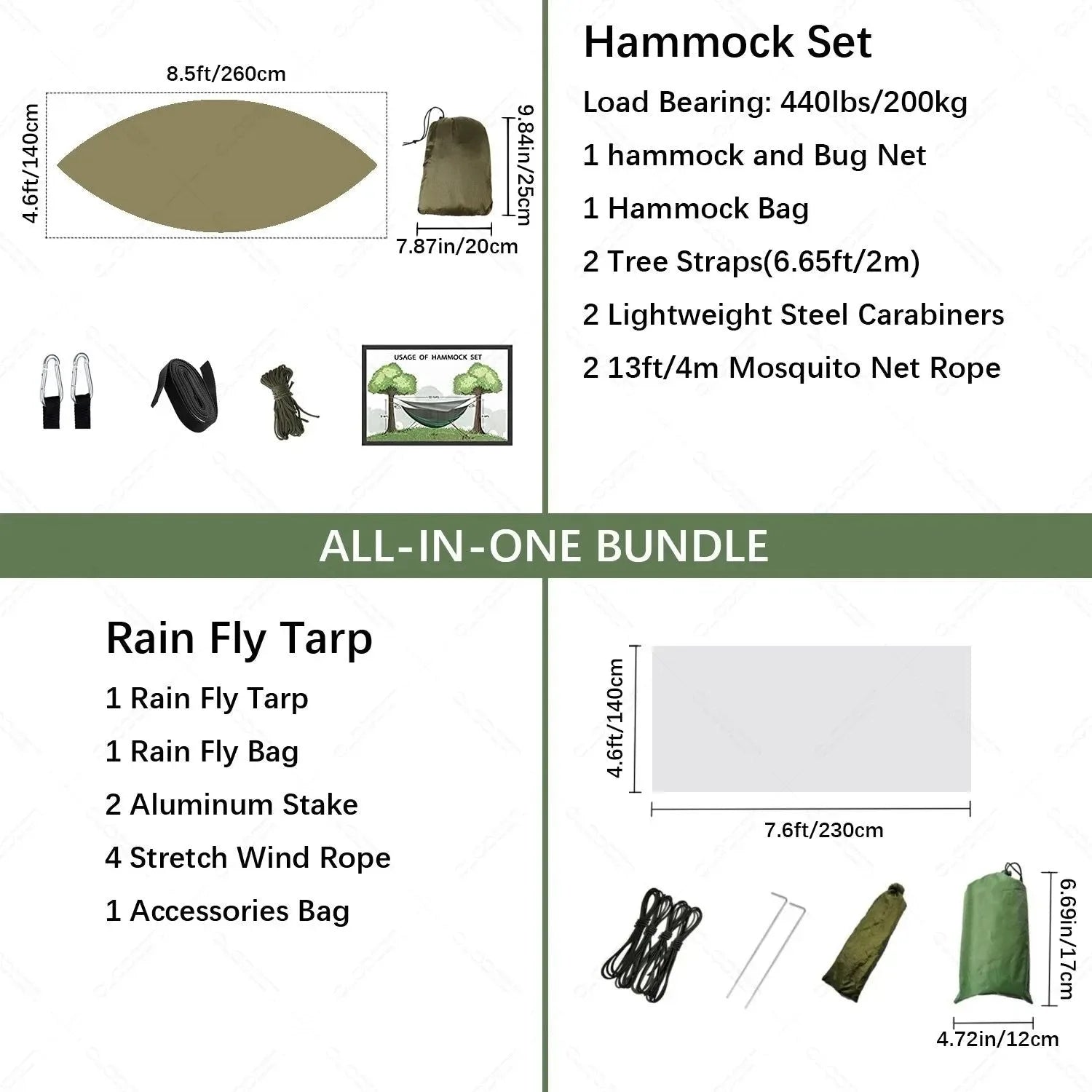 2-Person All-Weather Camping Hammock with Mosquito Net & Rain Fly - 440lb Capacity Portable Outdoor Shelter System (Camouflage) - Trekker Essentials