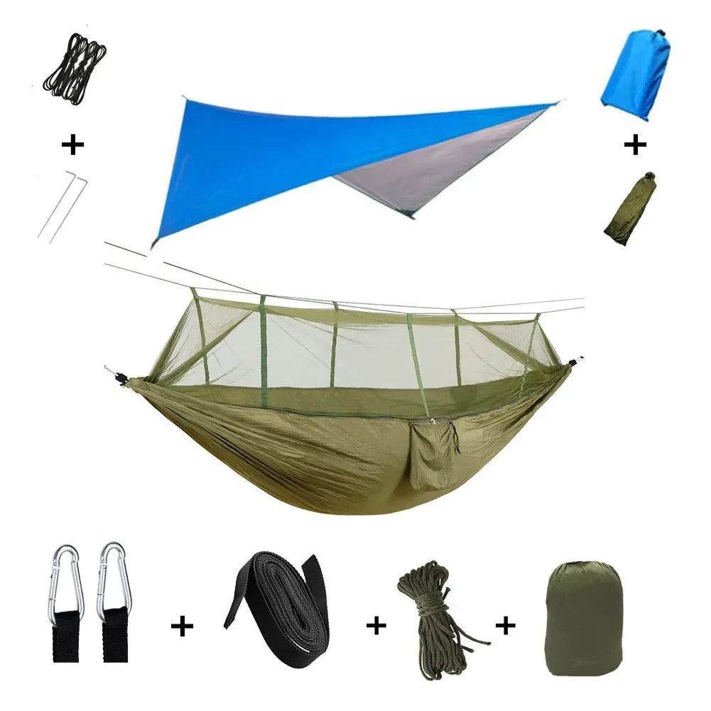 2-Person All-Weather Camping Hammock with Mosquito Net & Rain Fly - 440lb Capacity Portable Outdoor Shelter System (Camouflage) - Trekker Essentials