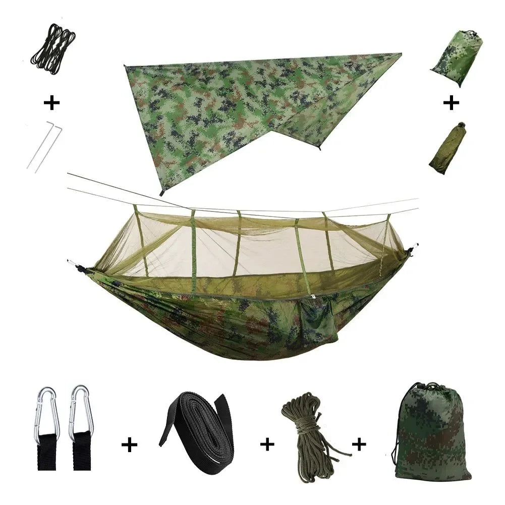 2-Person All-Weather Camping Hammock with Mosquito Net & Rain Fly - 440lb Capacity Portable Outdoor Shelter System (Camouflage) - Trekker Essentials