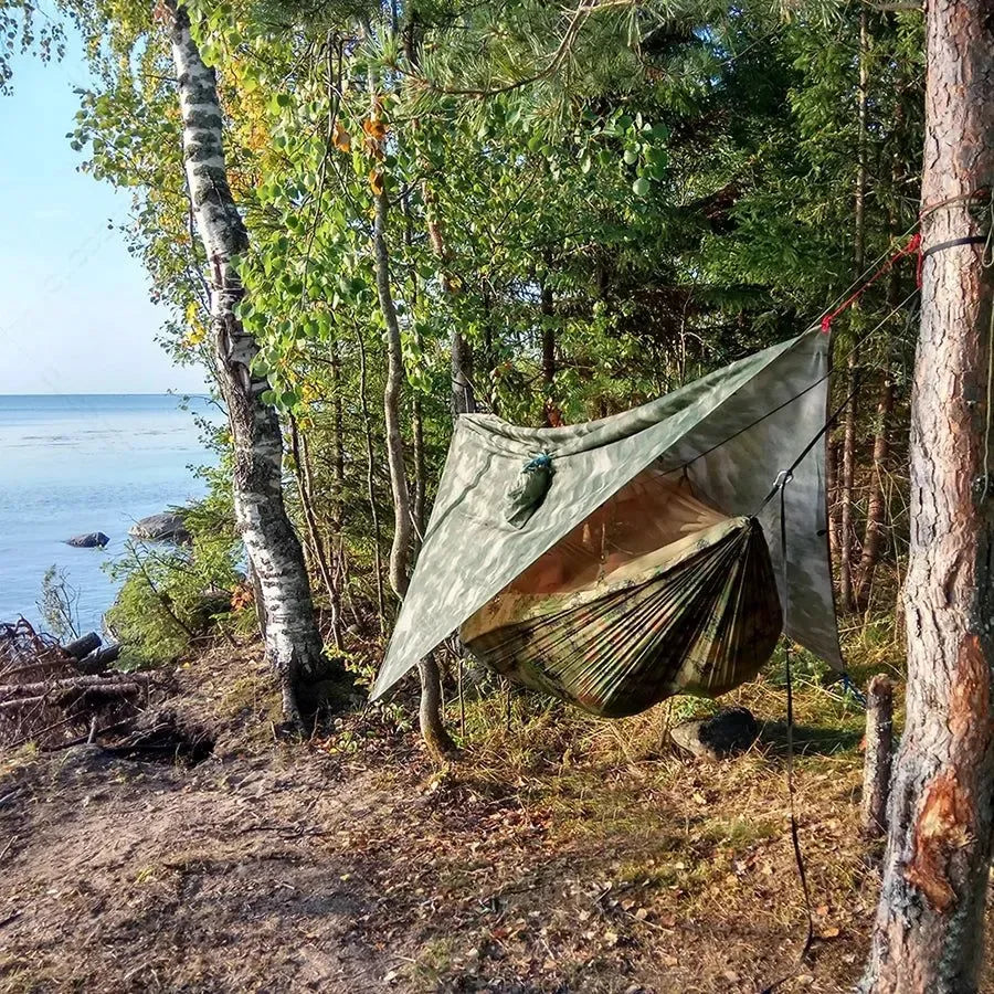 2-Person All-Weather Camping Hammock with Mosquito Net & Rain Fly - 440lb Capacity Portable Outdoor Shelter System (Camouflage) - Trekker Essentials