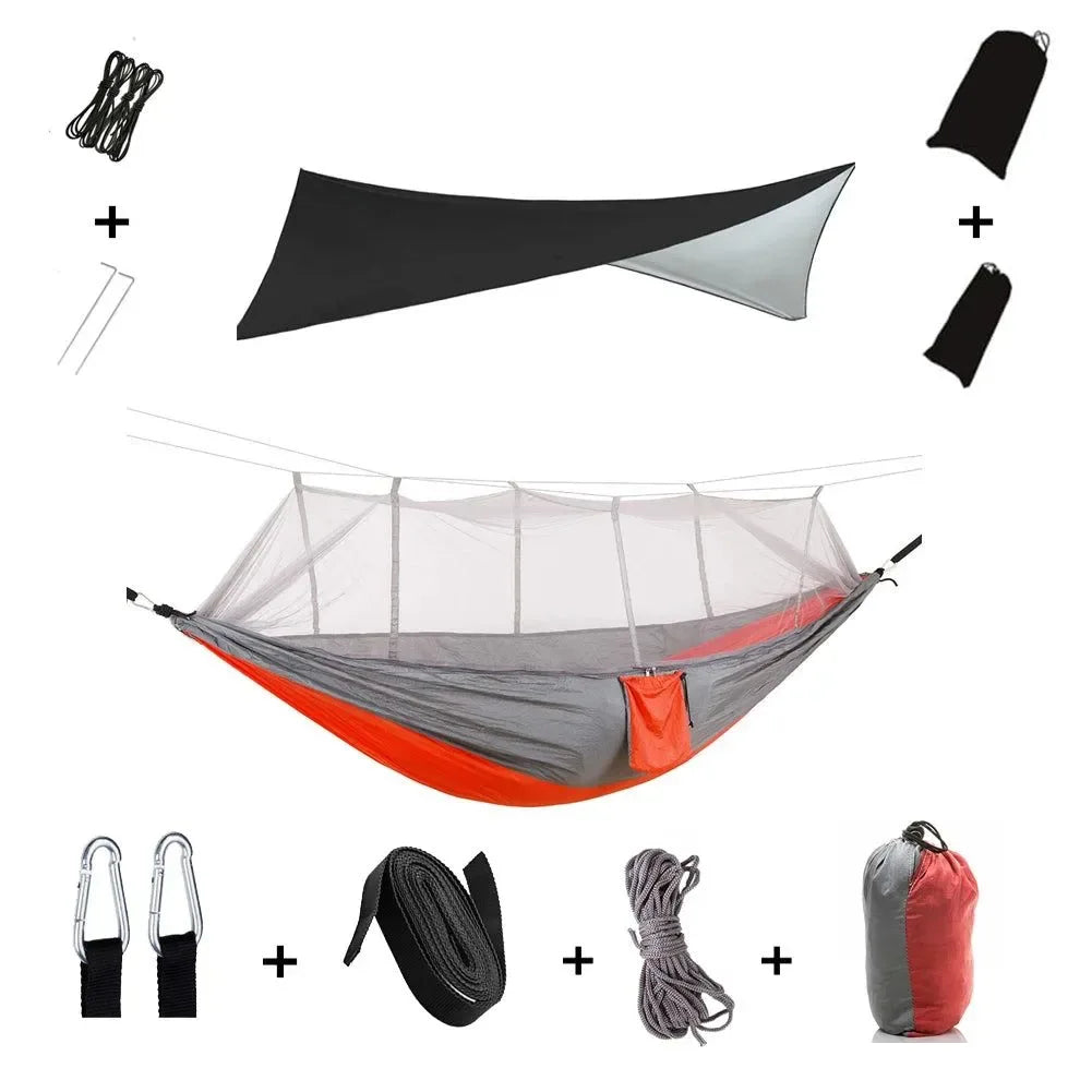 2-Person All-Weather Camping Hammock with Mosquito Net & Rain Fly - 440lb Capacity Portable Outdoor Shelter System (Camouflage) - Trekker Essentials
