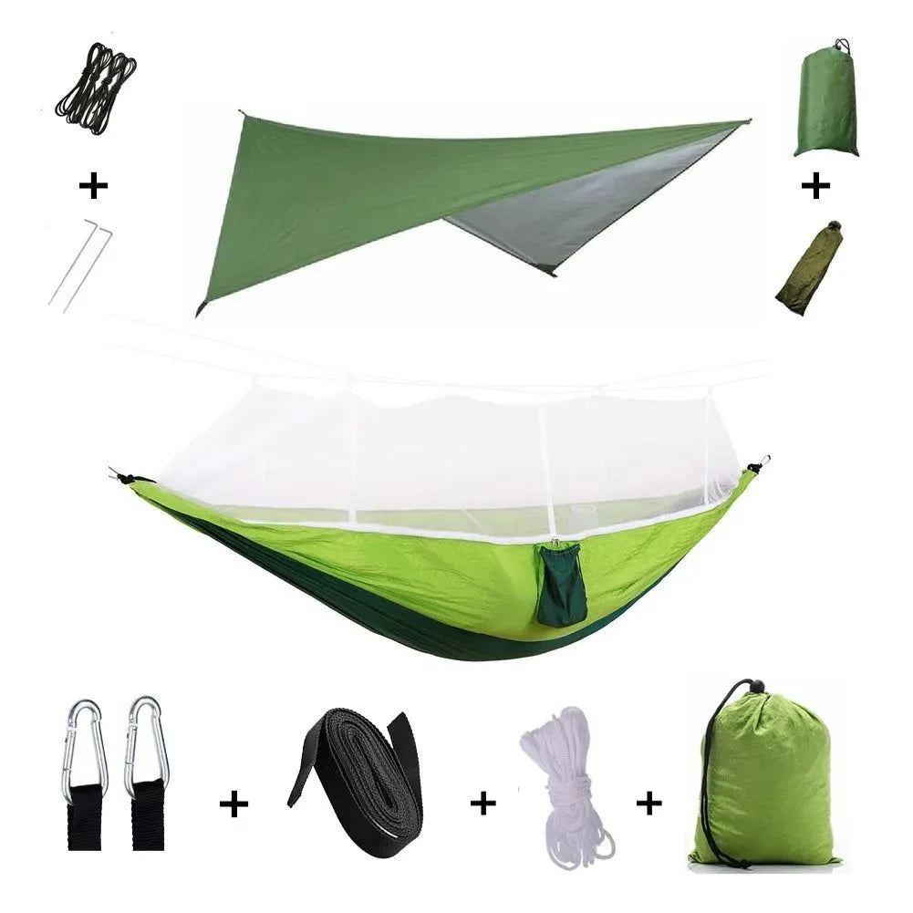2-Person All-Weather Camping Hammock with Mosquito Net & Rain Fly - 440lb Capacity Portable Outdoor Shelter System (Camouflage) - Trekker Essentials